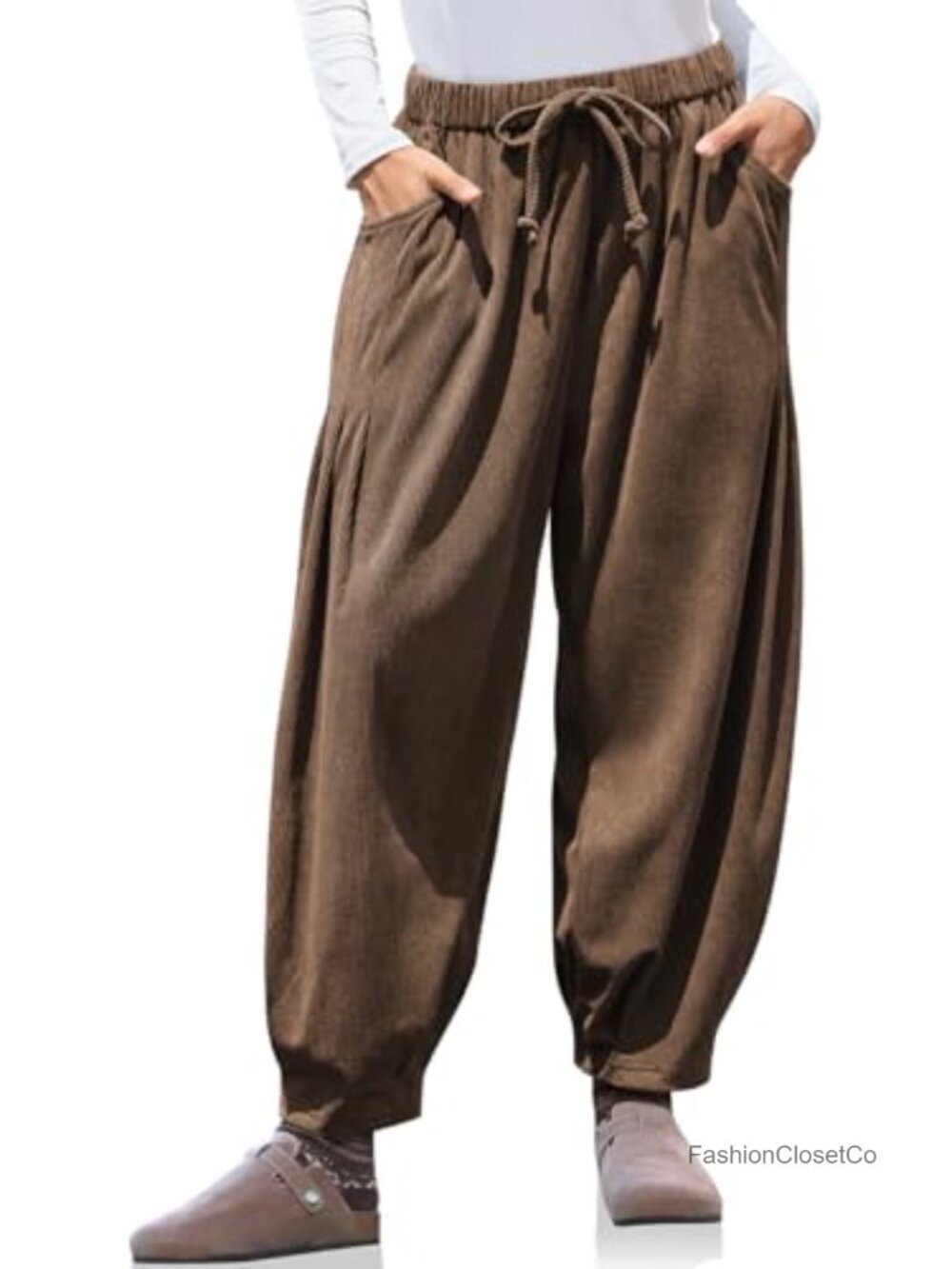 Womens Baggy Wide Leg Corduroy Pants with Pockets Drawstring High Rise